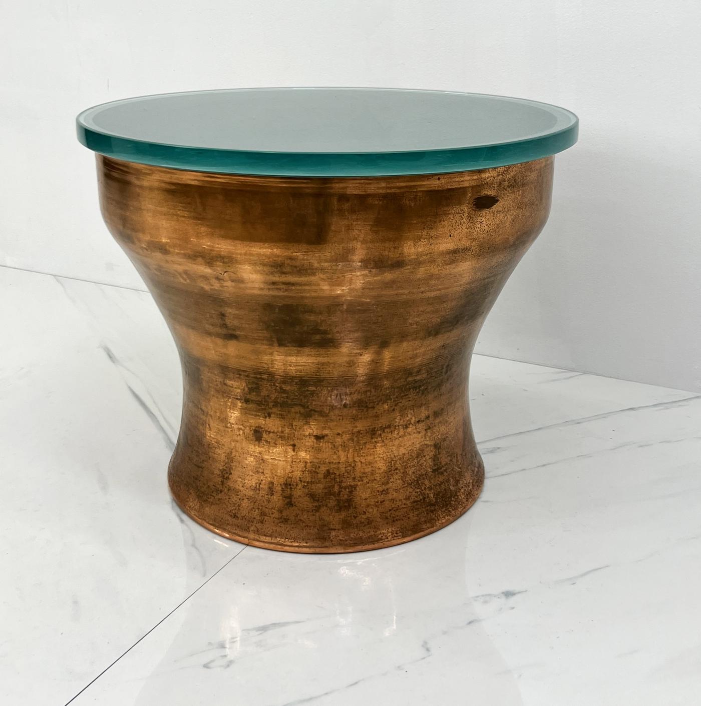 Karl Springer Copper Rain Drum Table With Original Textured Glass Top