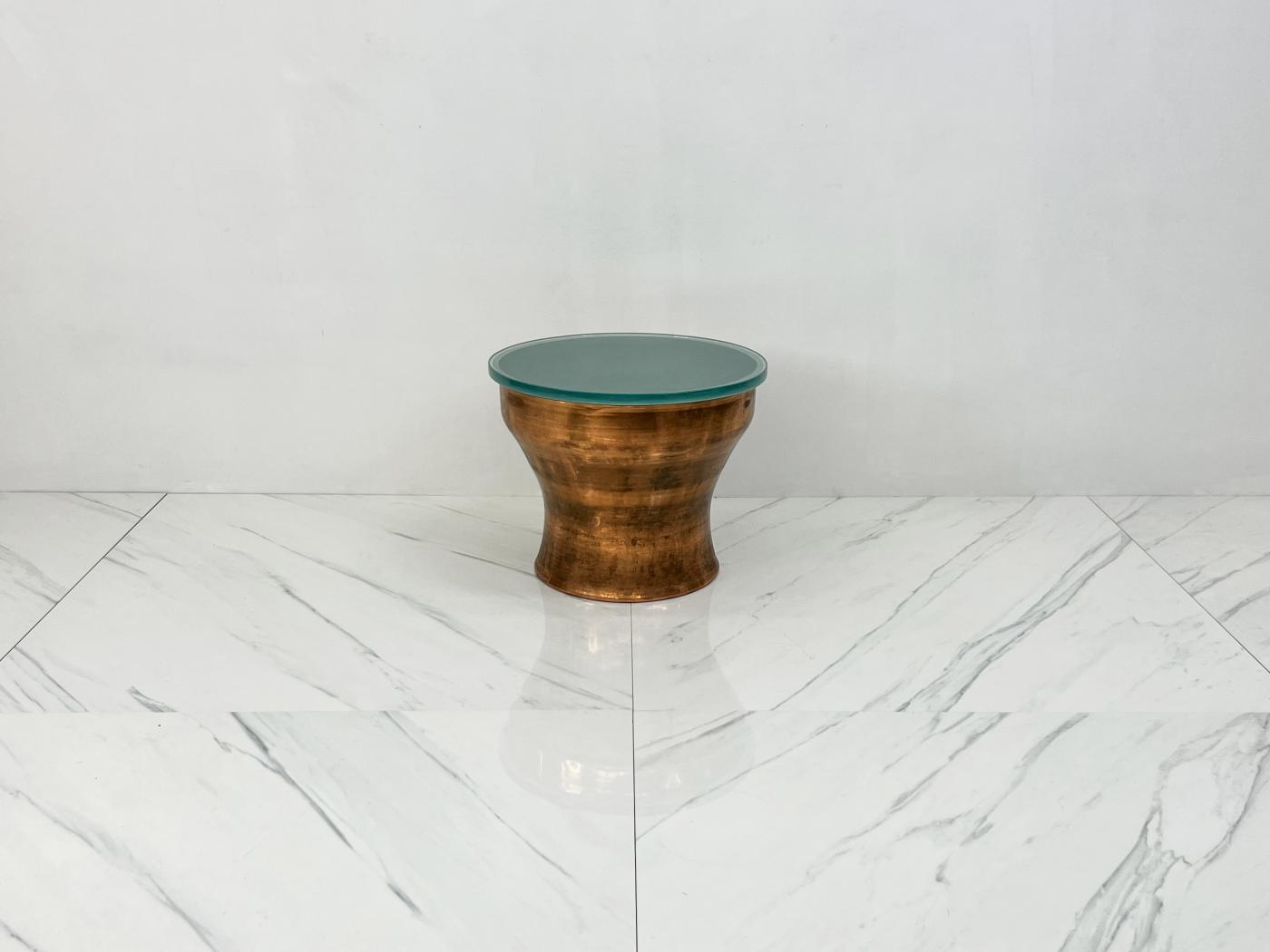Karl Springer Copper Rain Drum Table With Original Textured Glass Top