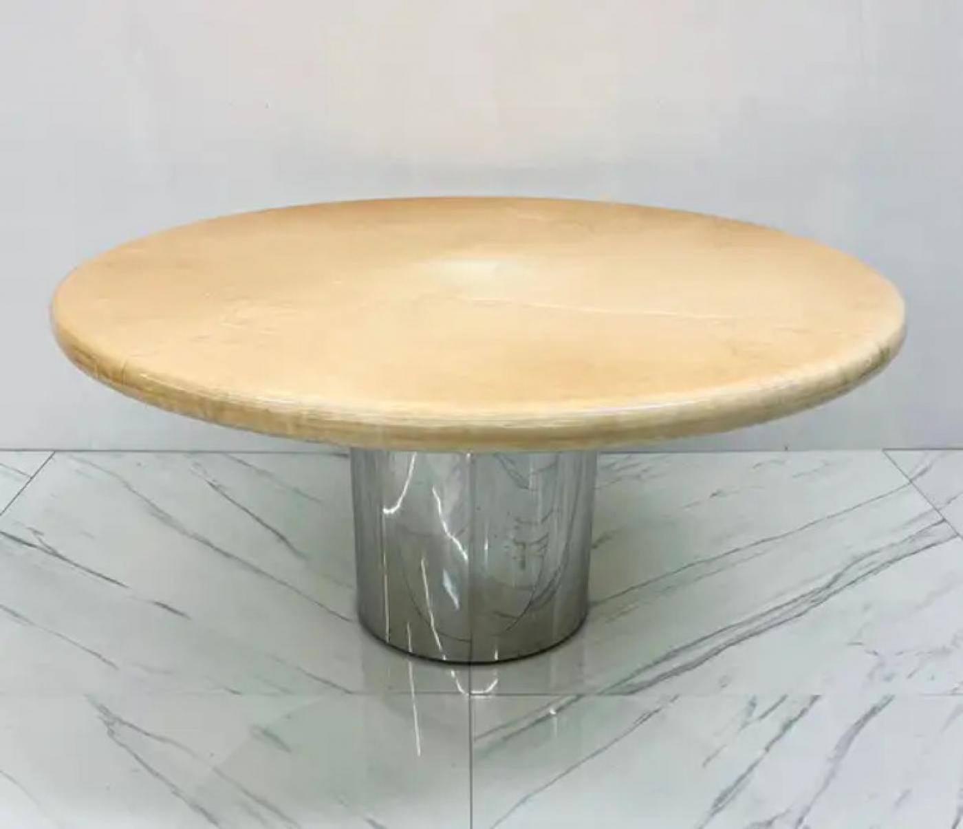 Karl Springer Goatskin Dining Table With Custom Chrome Drum Base