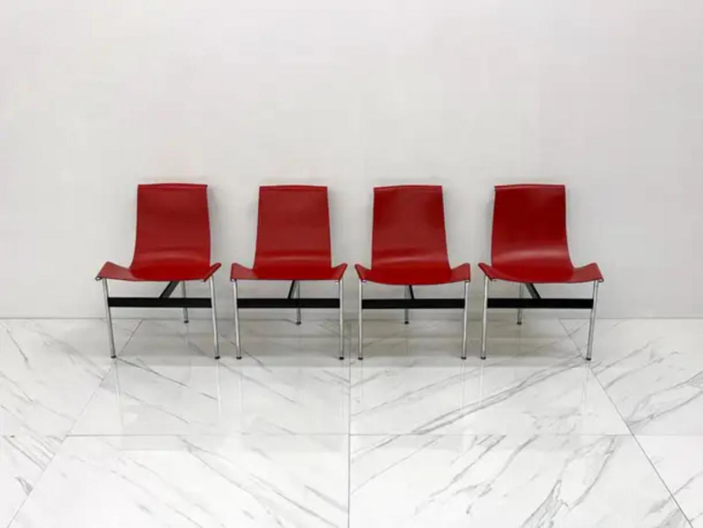 Set of Four Red Leather T Chairs, Katavolos & Littell & Kelley