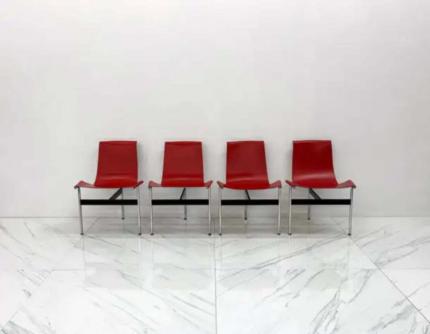 Set of Four Red Leather T Chairs, Katavolos & Littell & Kelley