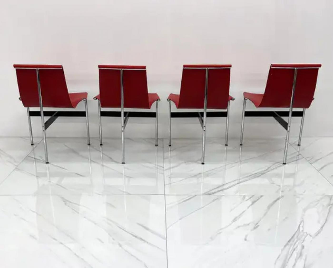 Set of Four Red Leather T Chairs, Katavolos & Littell & Kelley