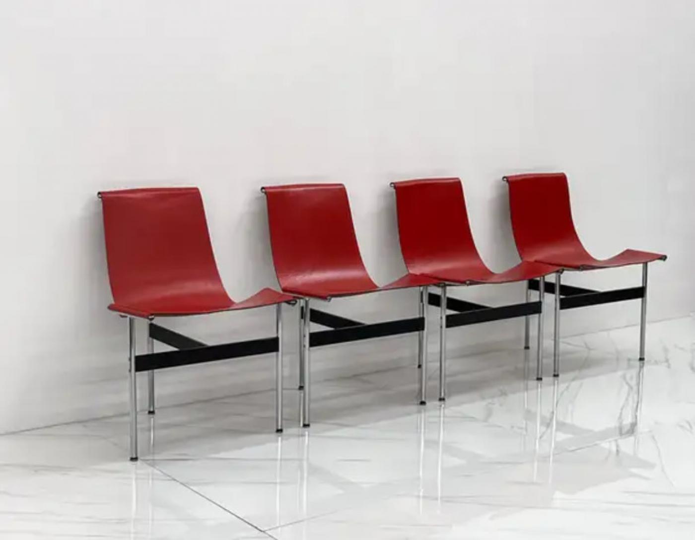 Set of Four Red Leather T Chairs, Katavolos & Littell & Kelley