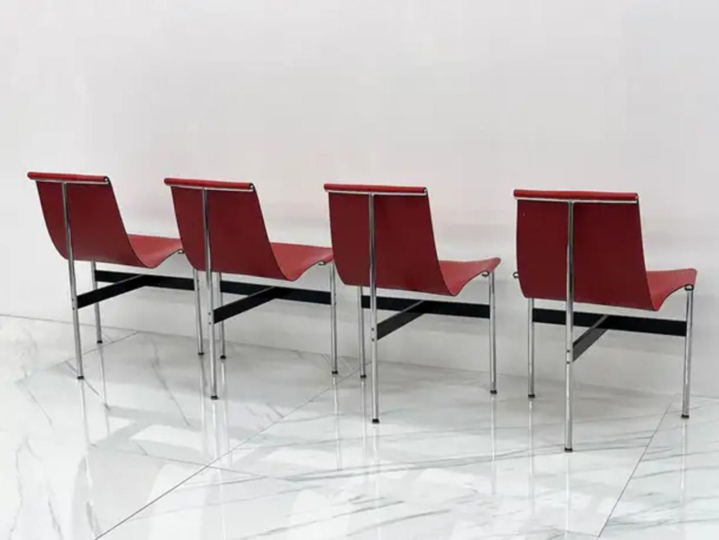 Set of Four Red Leather T Chairs, Katavolos & Littell & Kelley