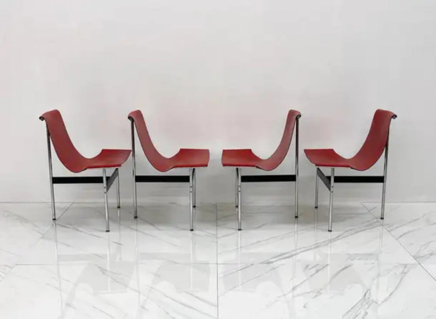 Set of Four Red Leather T Chairs, Katavolos & Littell & Kelley