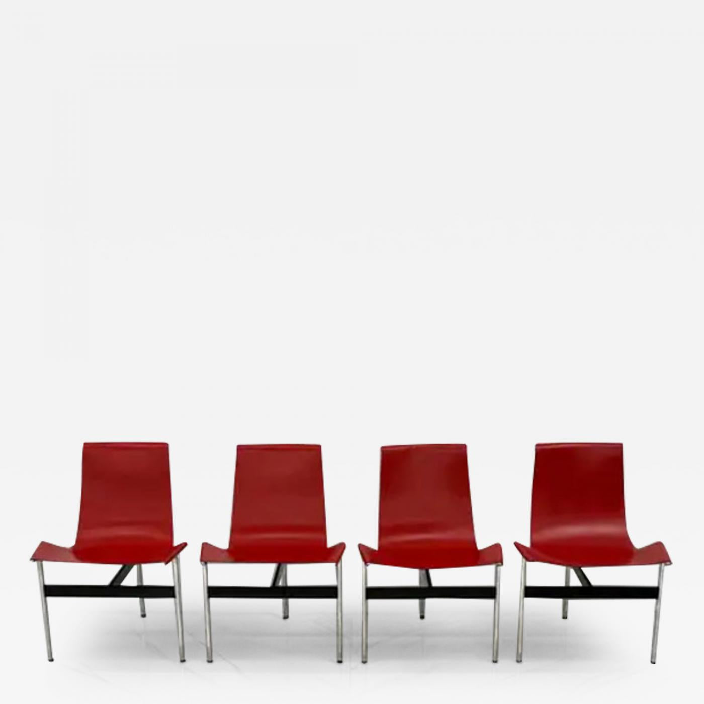 Set of Four Red Leather T Chairs, Katavolos & Littell & Kelley