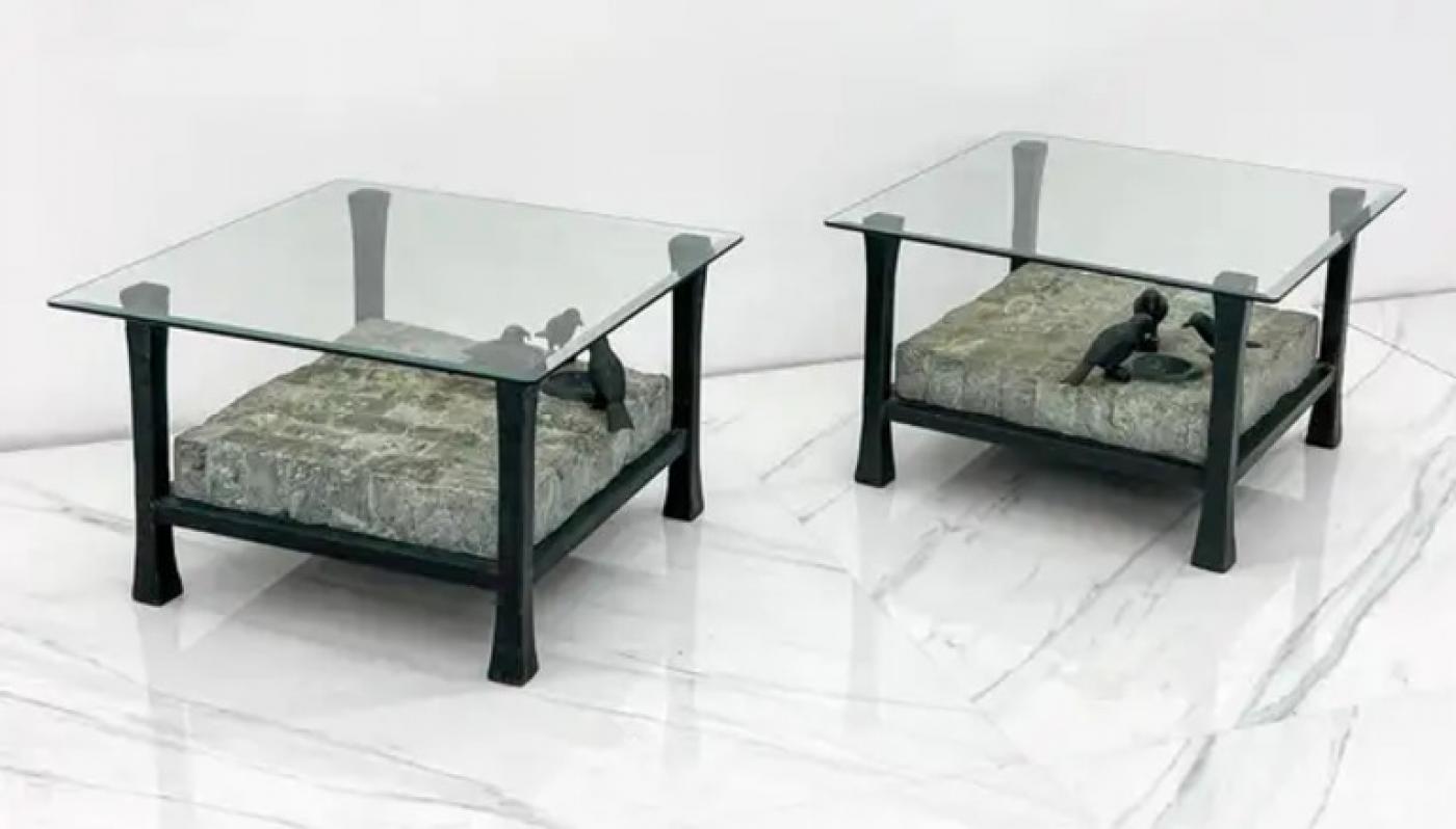Maitland Smith Marble and Bronze Sculptural Side / Accent Tables, a Pair