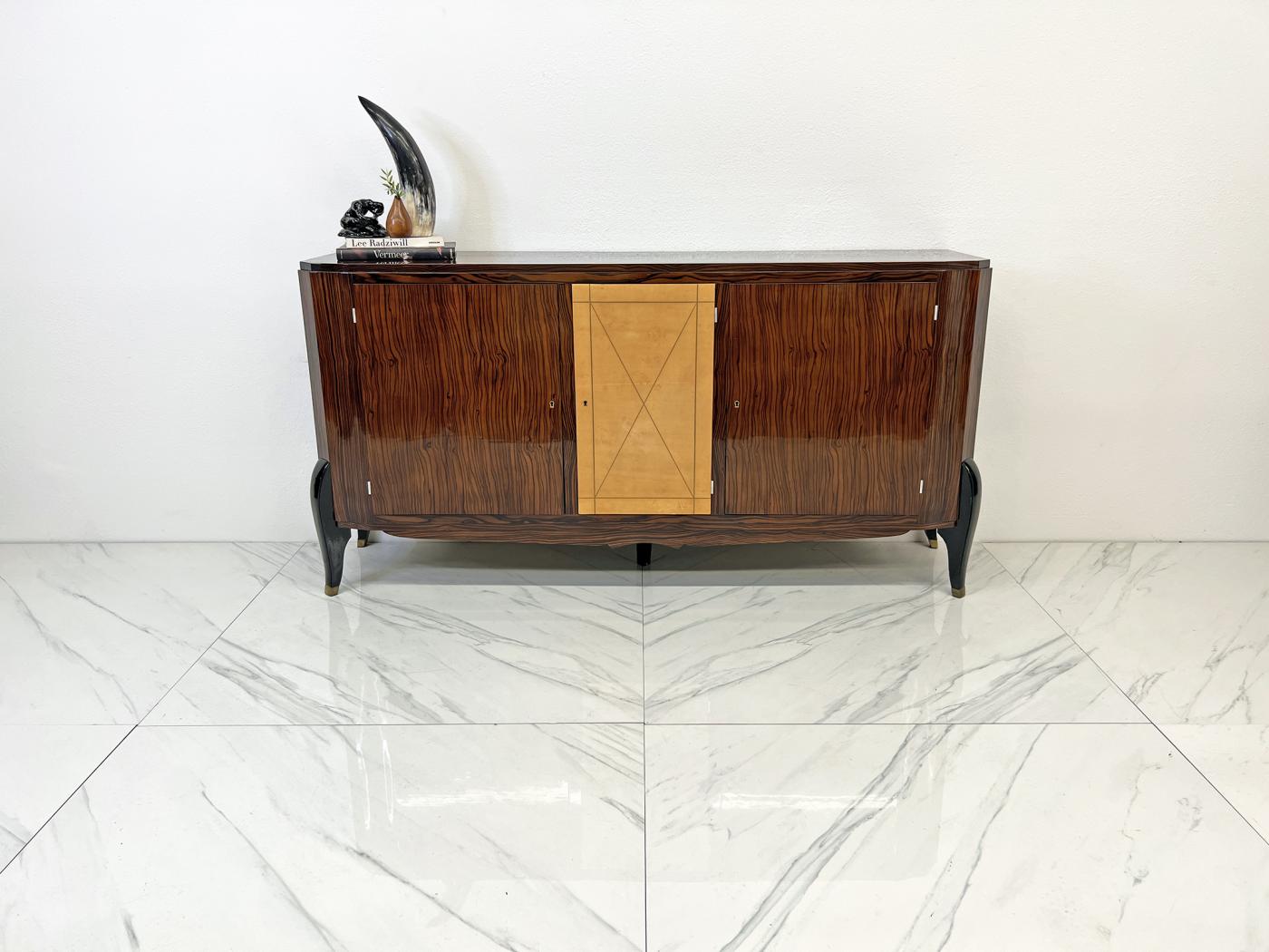 French Art Deco Leather & Macassar Ebony sideboard by Maurice Rinck 1940's