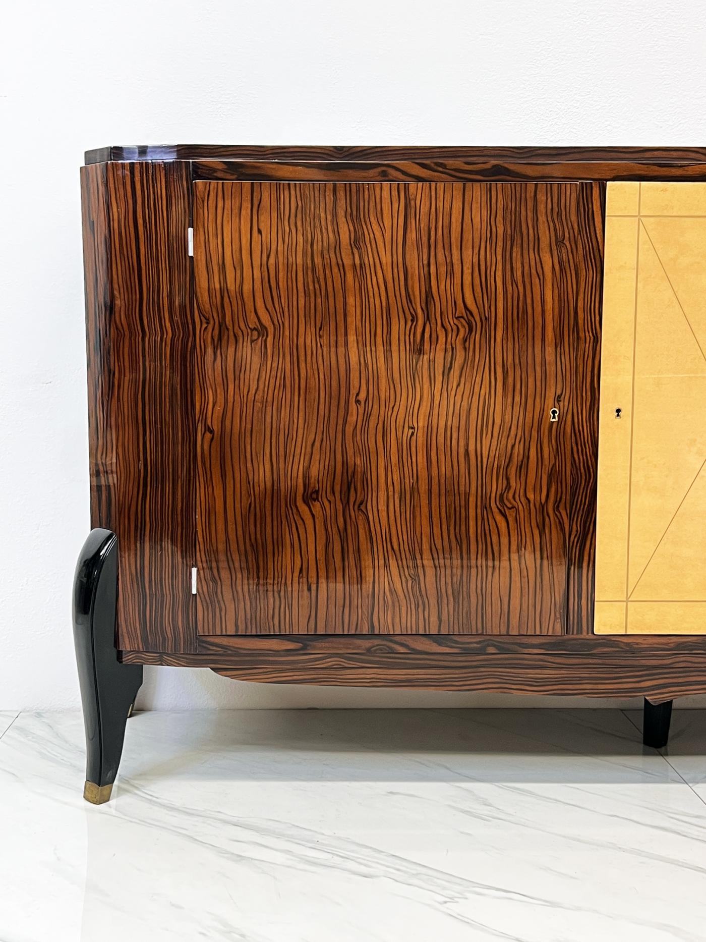 French Art Deco Leather & Macassar Ebony sideboard by Maurice Rinck 1940's