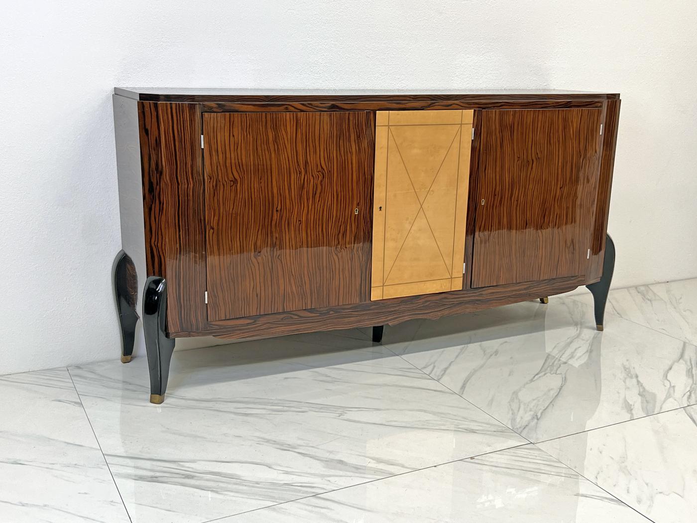 French Art Deco Leather & Macassar Ebony sideboard by Maurice Rinck 1940's