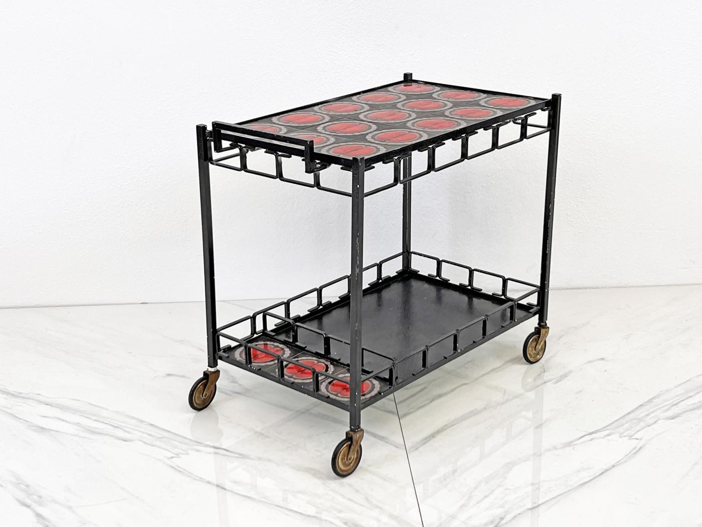 Mid Century Iron and Tile Inlay Bar Cart, Dry Bar, C. 1950's
