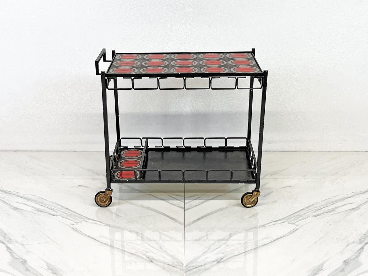Mid Century Iron and Tile Inlay Bar Cart, Dry Bar, C. 1950's