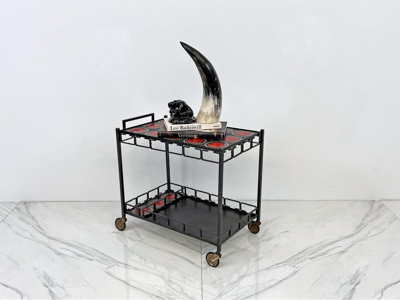 Mid Century Iron and Tile Inlay Bar Cart, Dry Bar, C. 1950's