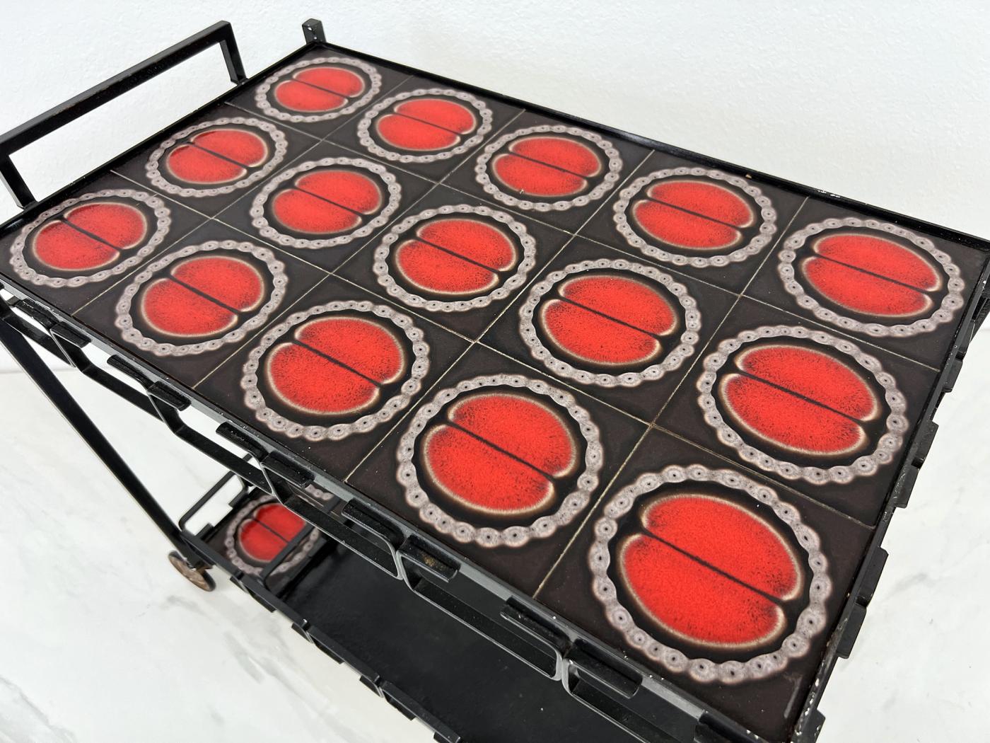 Mid Century Iron and Tile Inlay Bar Cart, Dry Bar, C. 1950's