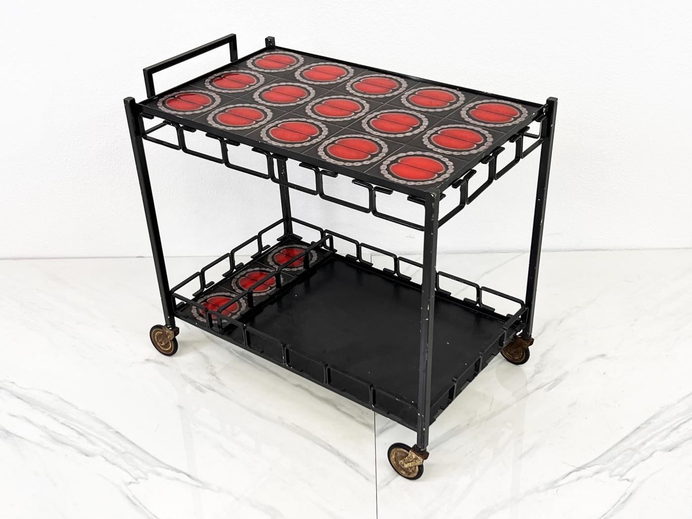 Mid Century Iron and Tile Inlay Bar Cart, Dry Bar, C. 1950's