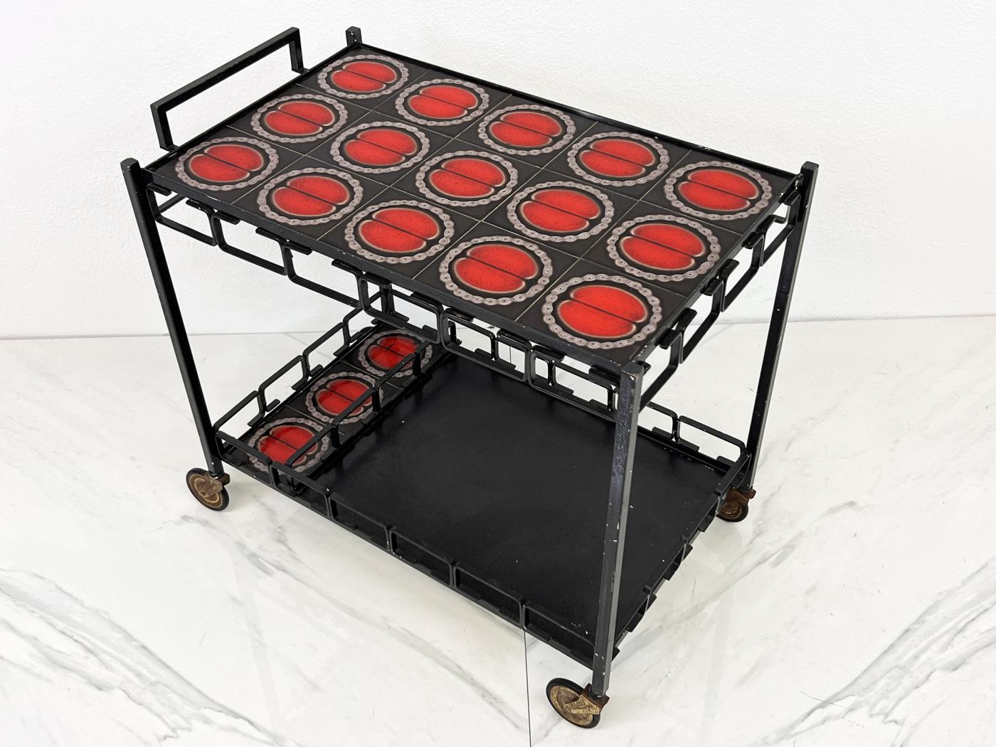 Mid Century Iron and Tile Inlay Bar Cart, Dry Bar, C. 1950's