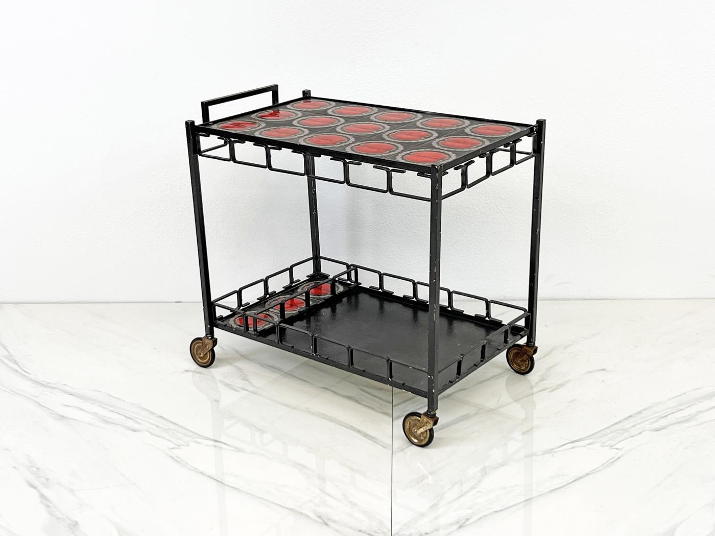 Mid Century Iron and Tile Inlay Bar Cart, Dry Bar, C. 1950's