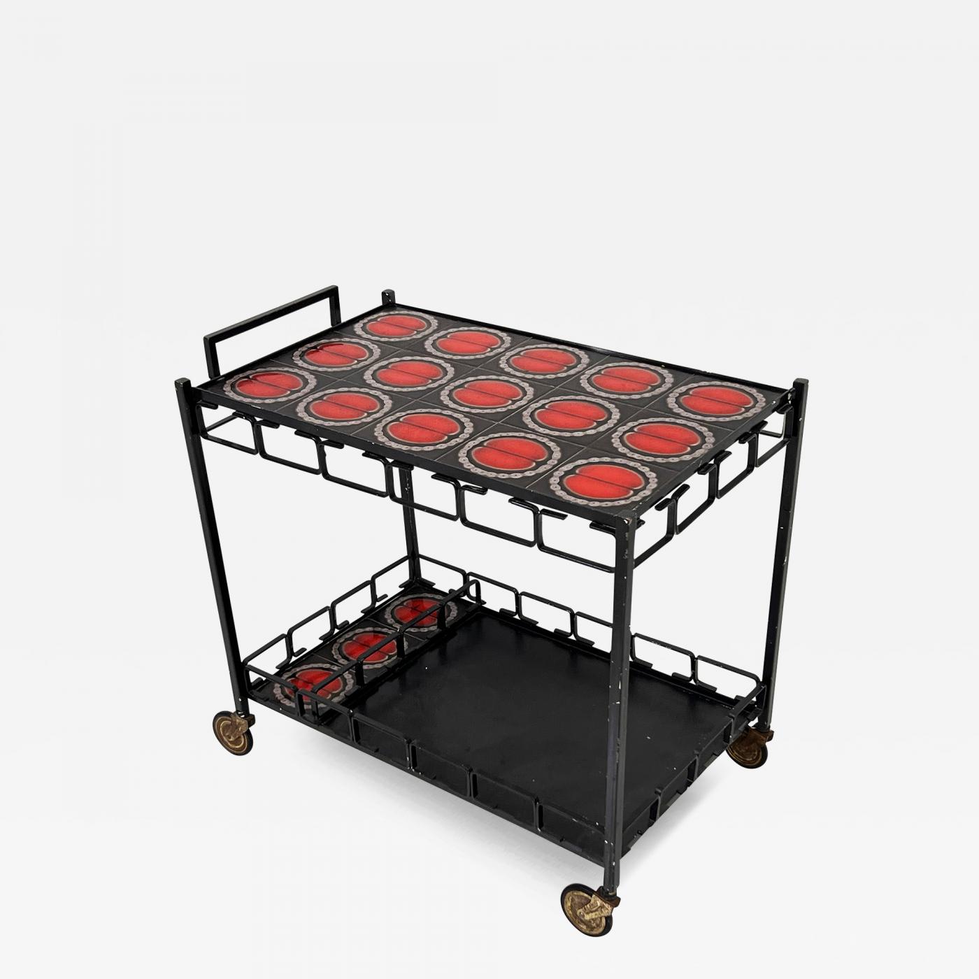 Mid Century Iron and Tile Inlay Bar Cart, Dry Bar, C. 1950's