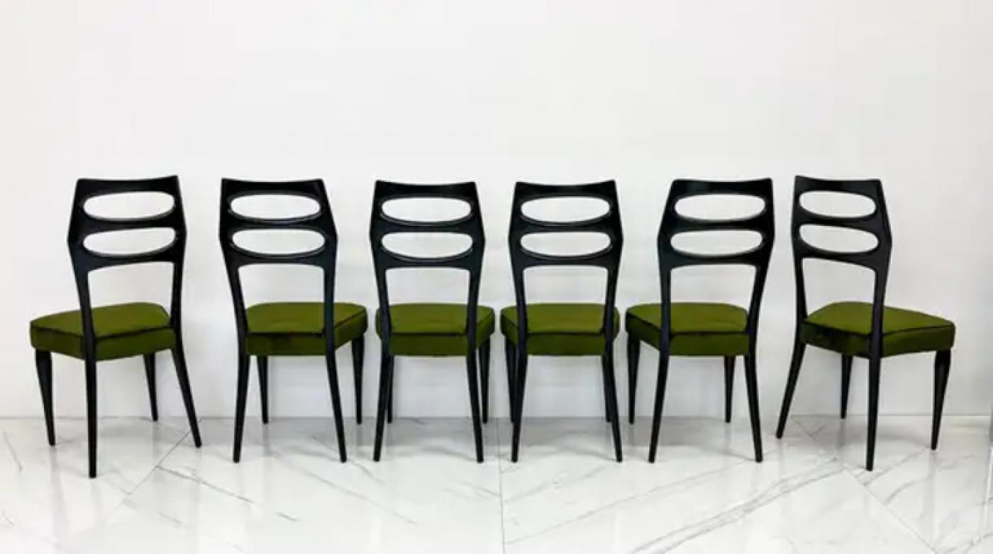 Paolo Buffa Six Sculptural Dining Chairs, Olive Green Velvet, 1950s