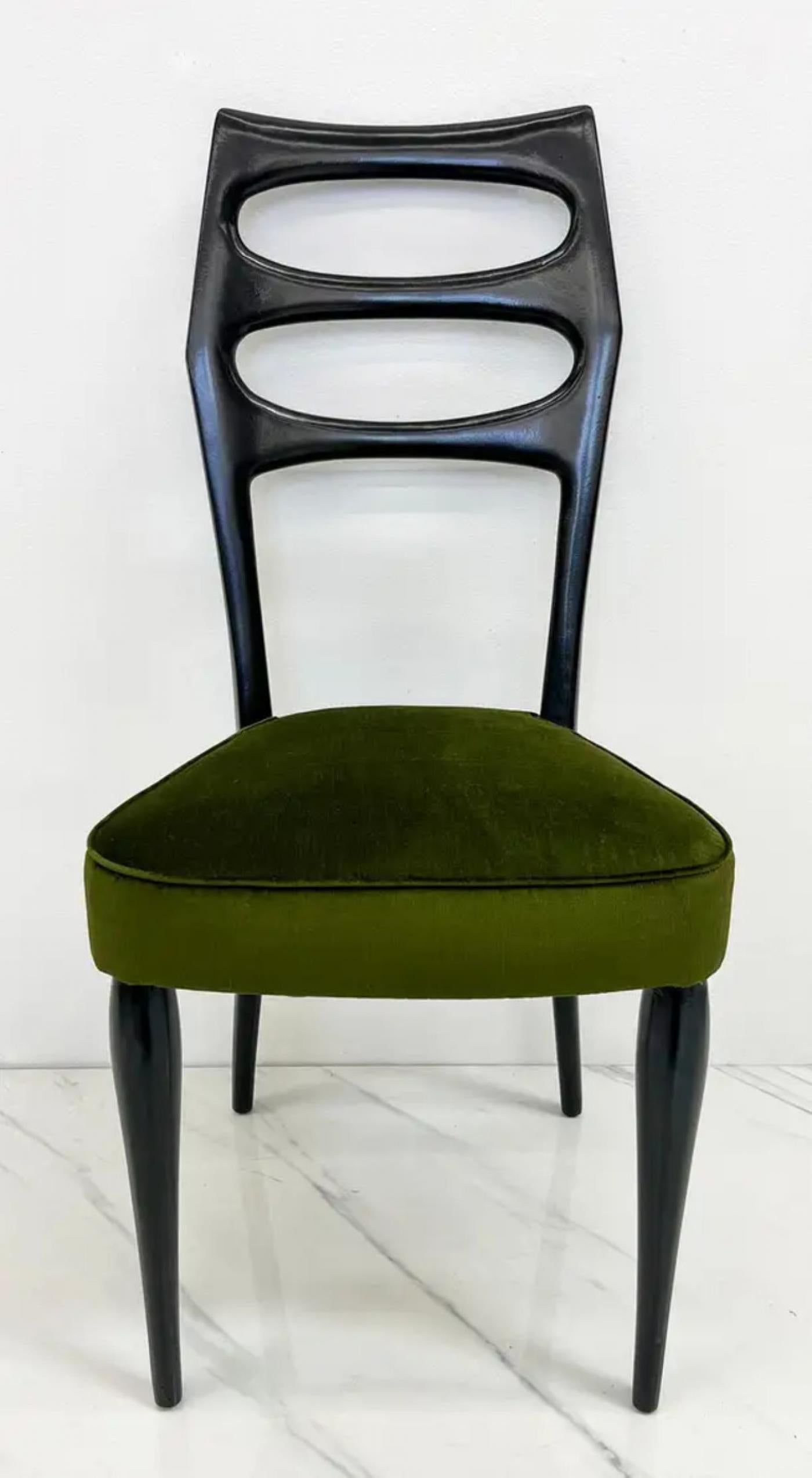 Paolo Buffa Six Sculptural Dining Chairs, Olive Green Velvet, 1950s