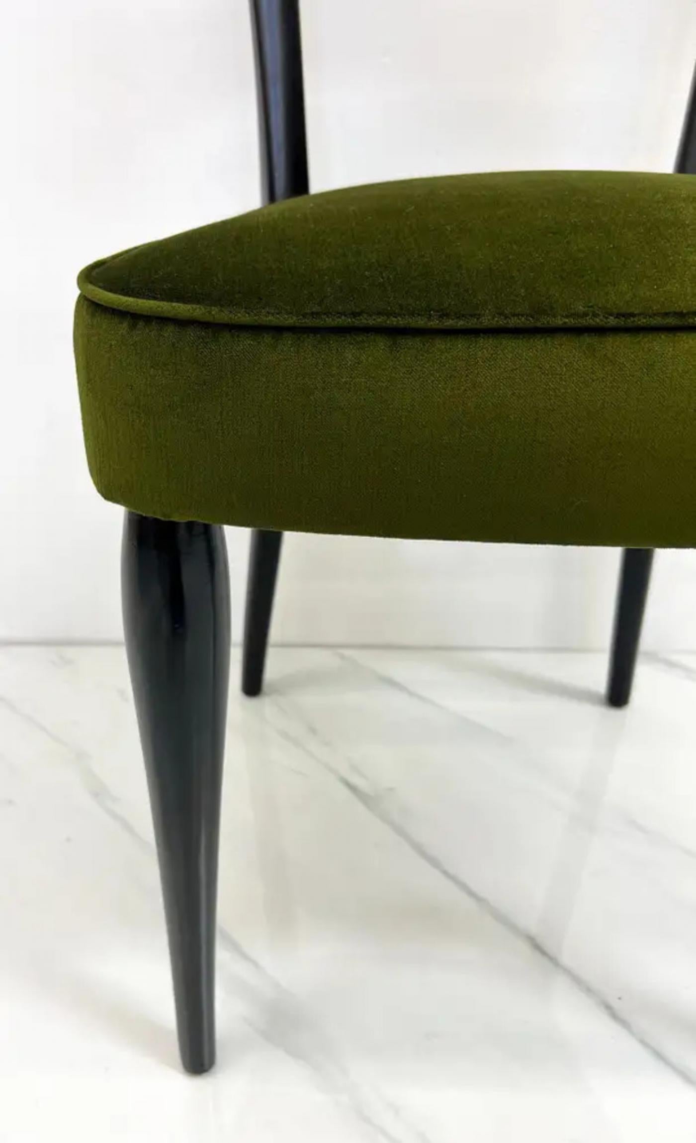 Paolo Buffa Six Sculptural Dining Chairs, Olive Green Velvet, 1950s