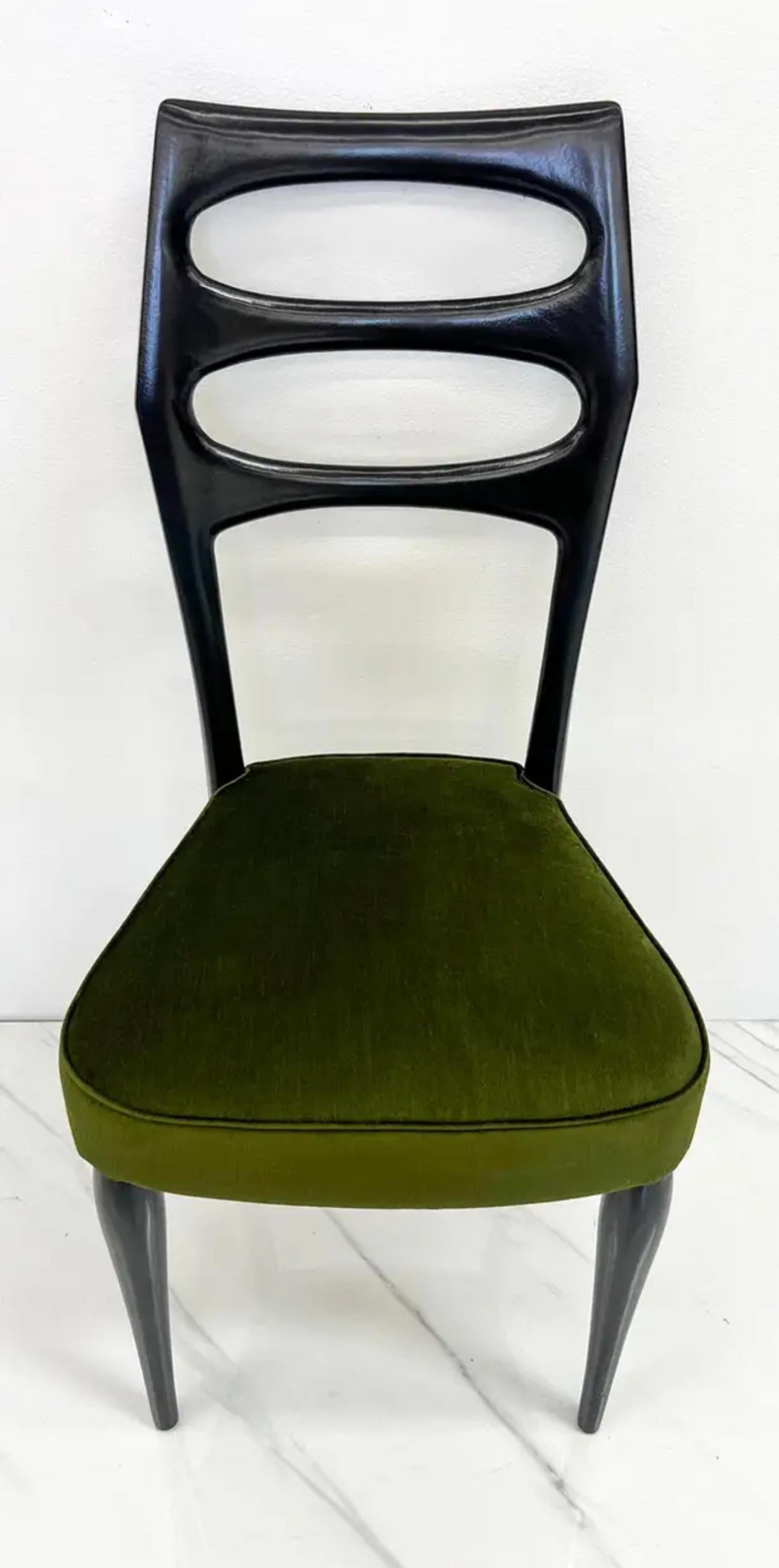 Paolo Buffa Six Sculptural Dining Chairs, Olive Green Velvet, 1950s