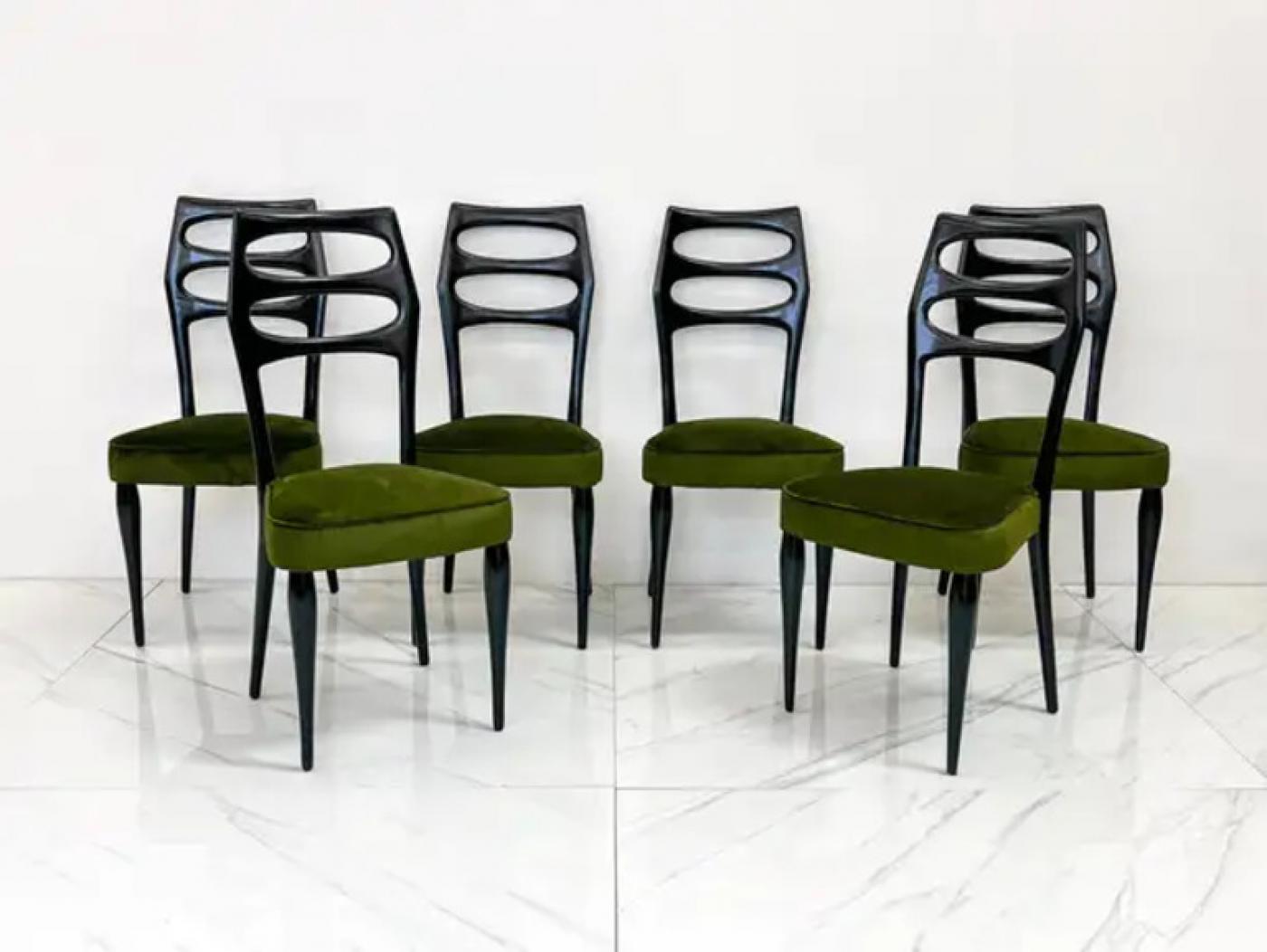 Paolo Buffa Six Sculptural Dining Chairs, Olive Green Velvet, 1950s