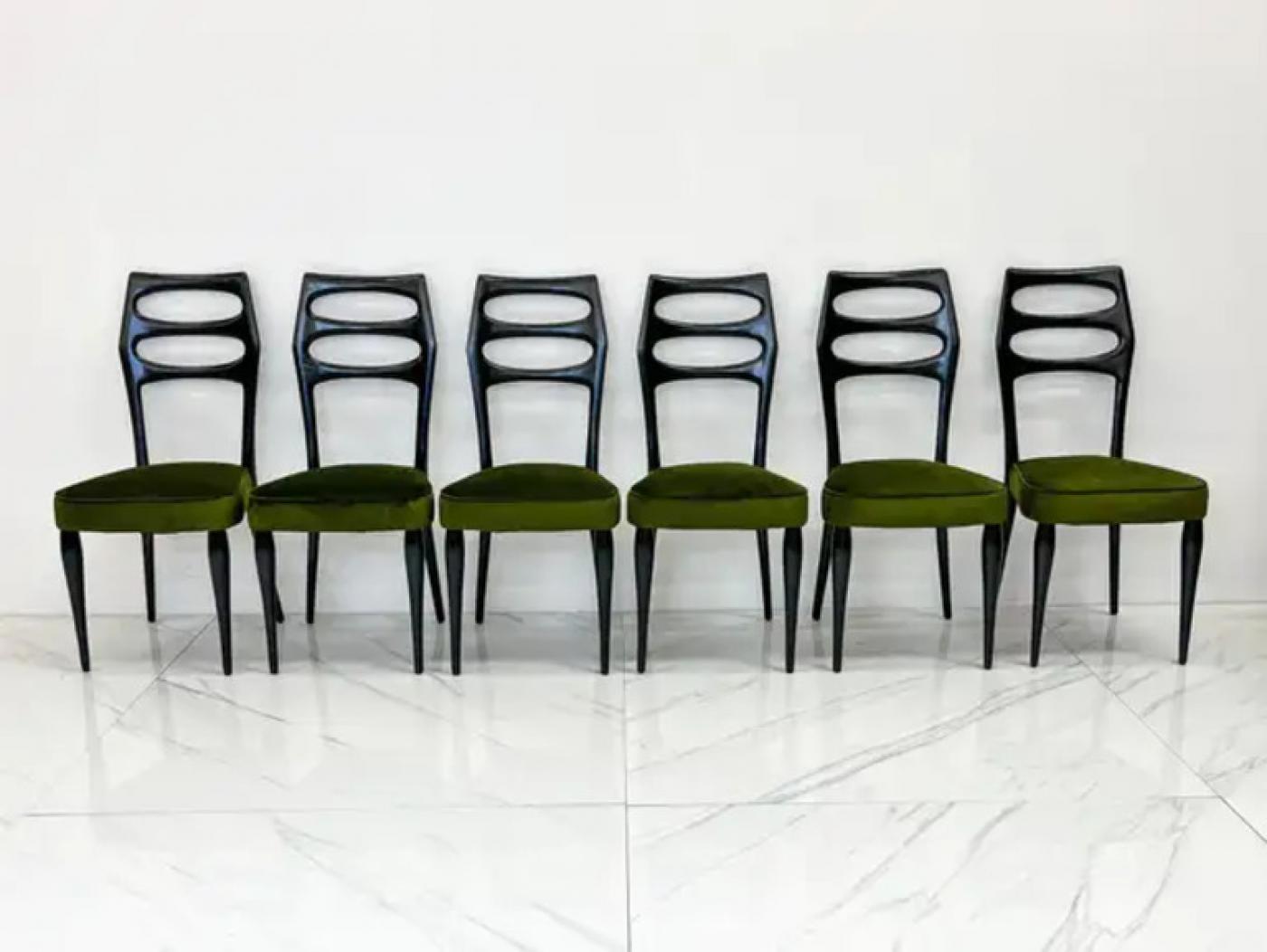 Paolo Buffa Six Sculptural Dining Chairs, Olive Green Velvet, 1950s