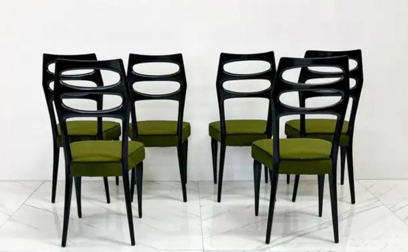 Paolo Buffa Six Sculptural Dining Chairs, Olive Green Velvet, 1950s