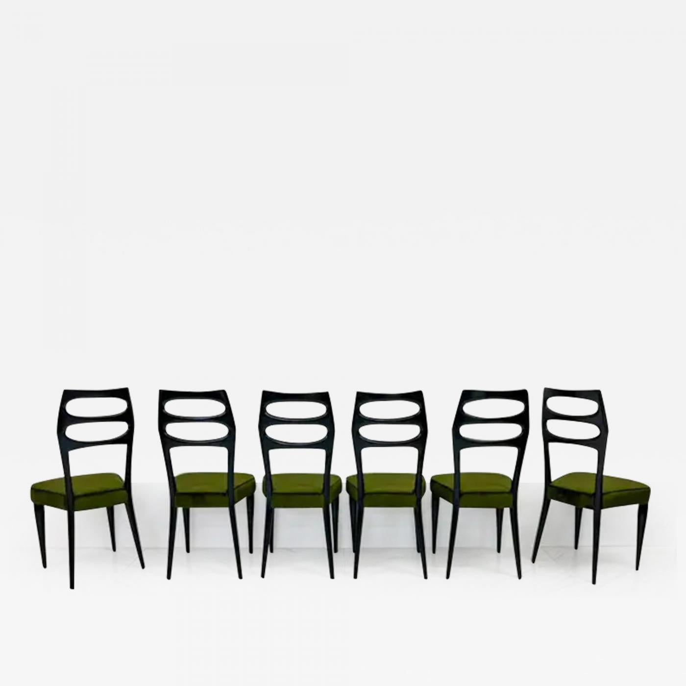 Paolo Buffa Six Sculptural Dining Chairs, Olive Green Velvet, 1950s