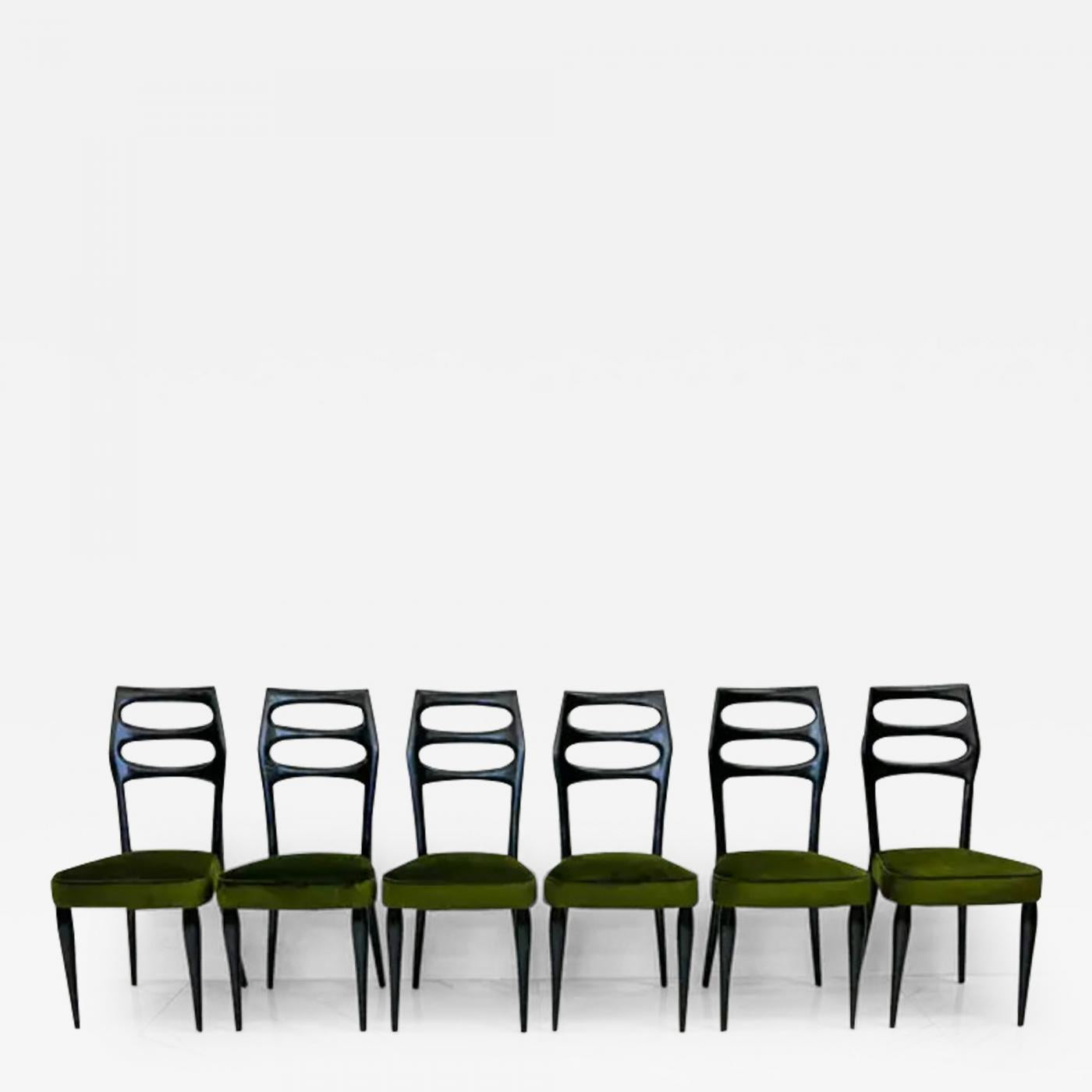 Paolo Buffa Six Sculptural Dining Chairs, Olive Green Velvet, 1950s