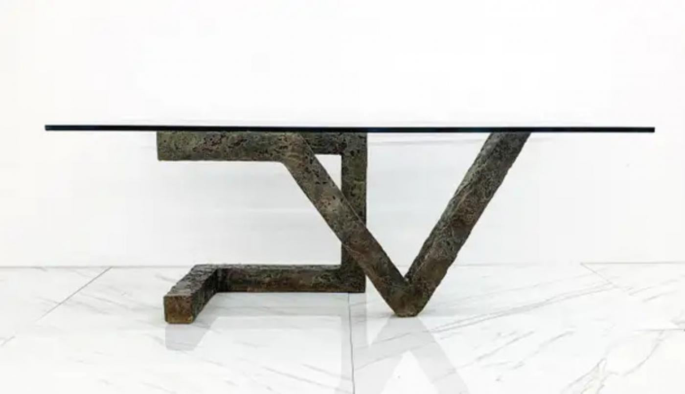Brutalist Cast Metal Geometric Dining Table in the Manner of Paul Evans