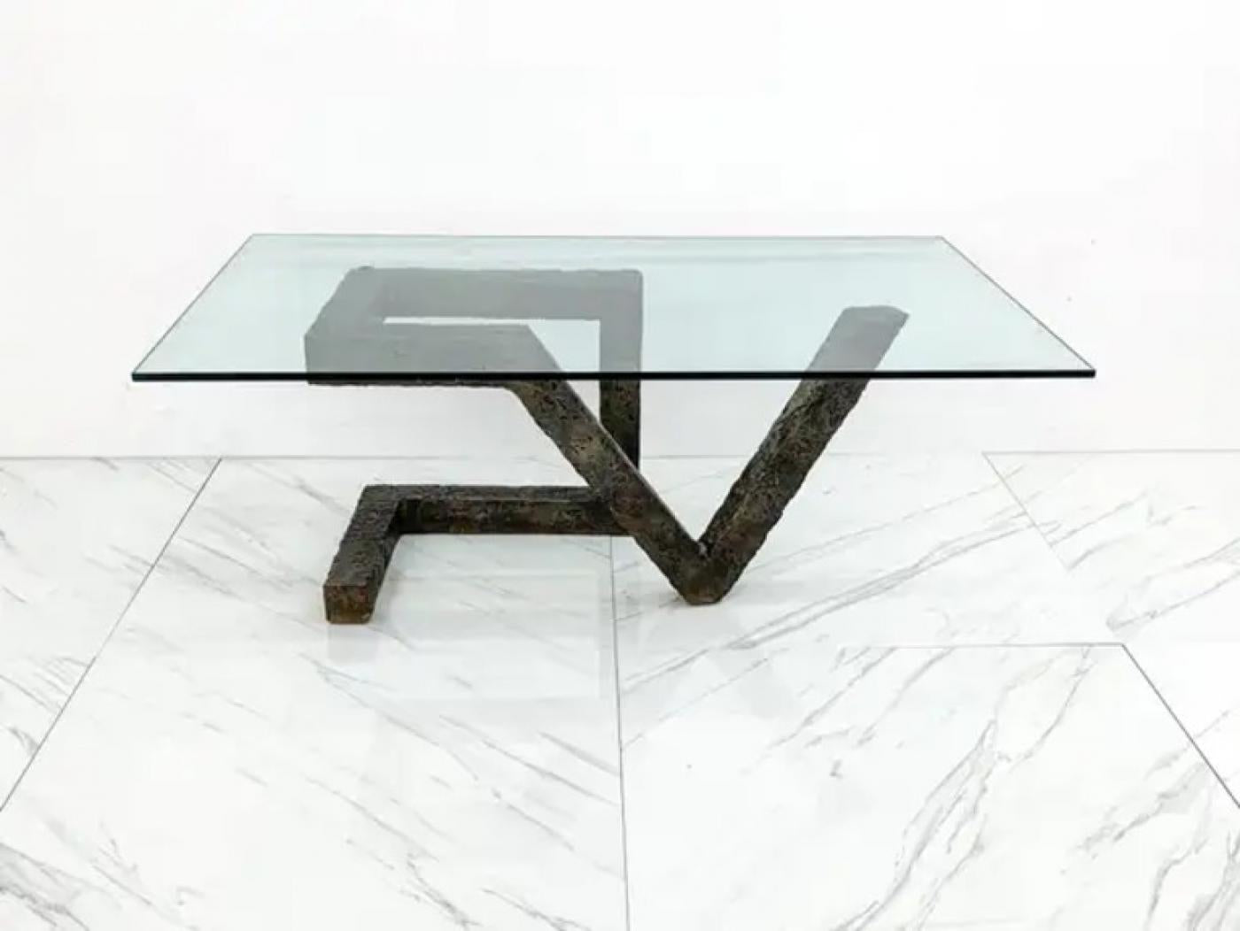 Brutalist Cast Metal Geometric Dining Table in the Manner of Paul Evans