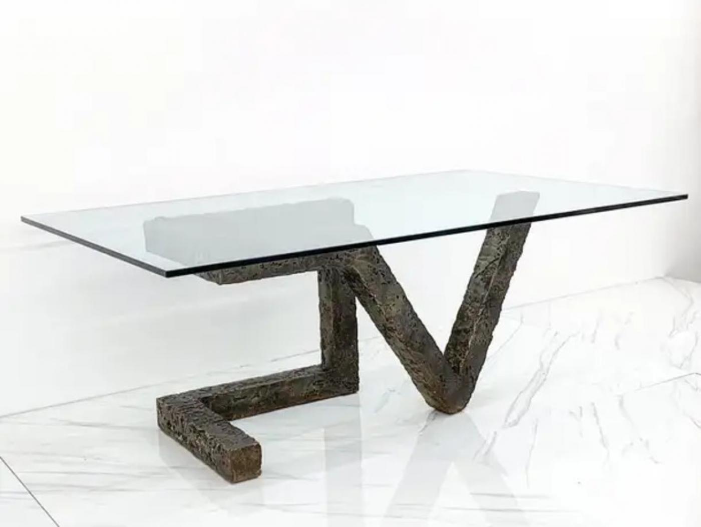 Brutalist Cast Metal Geometric Dining Table in the Manner of Paul Evans