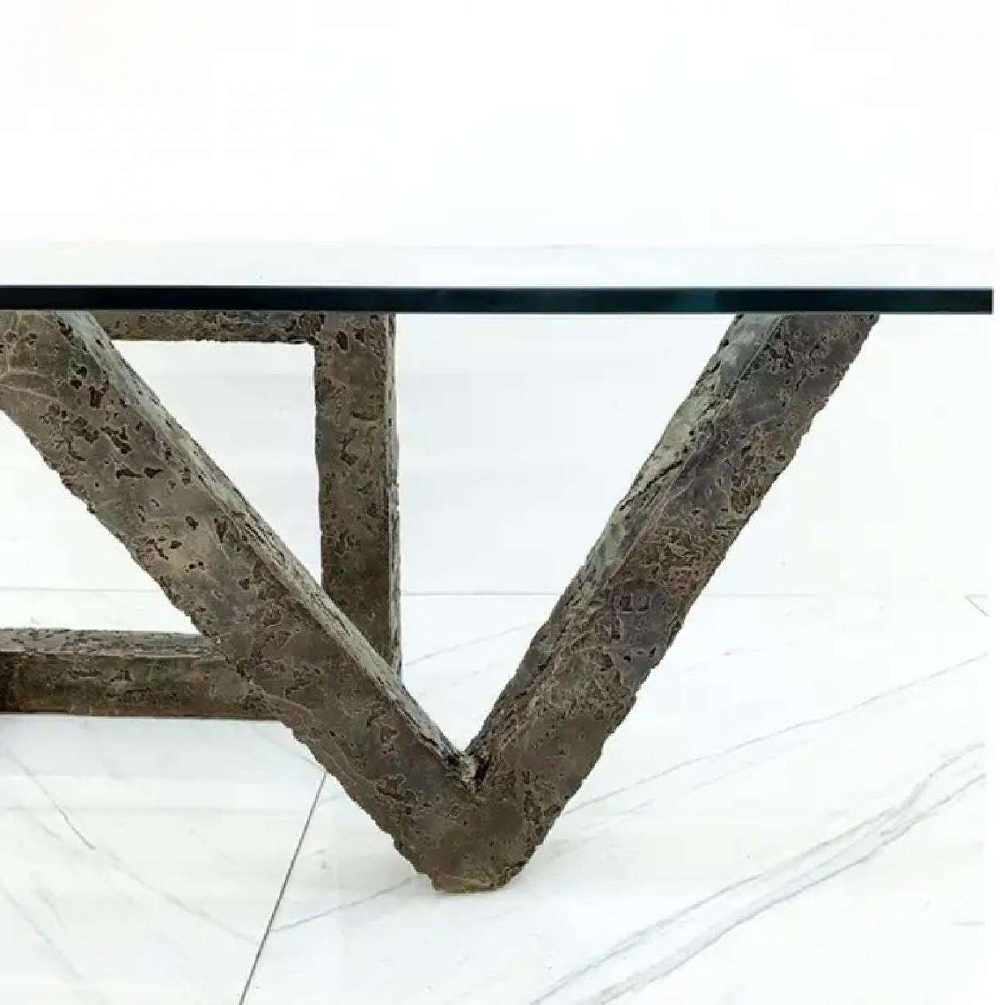 Brutalist Cast Metal Geometric Dining Table in the Manner of Paul Evans