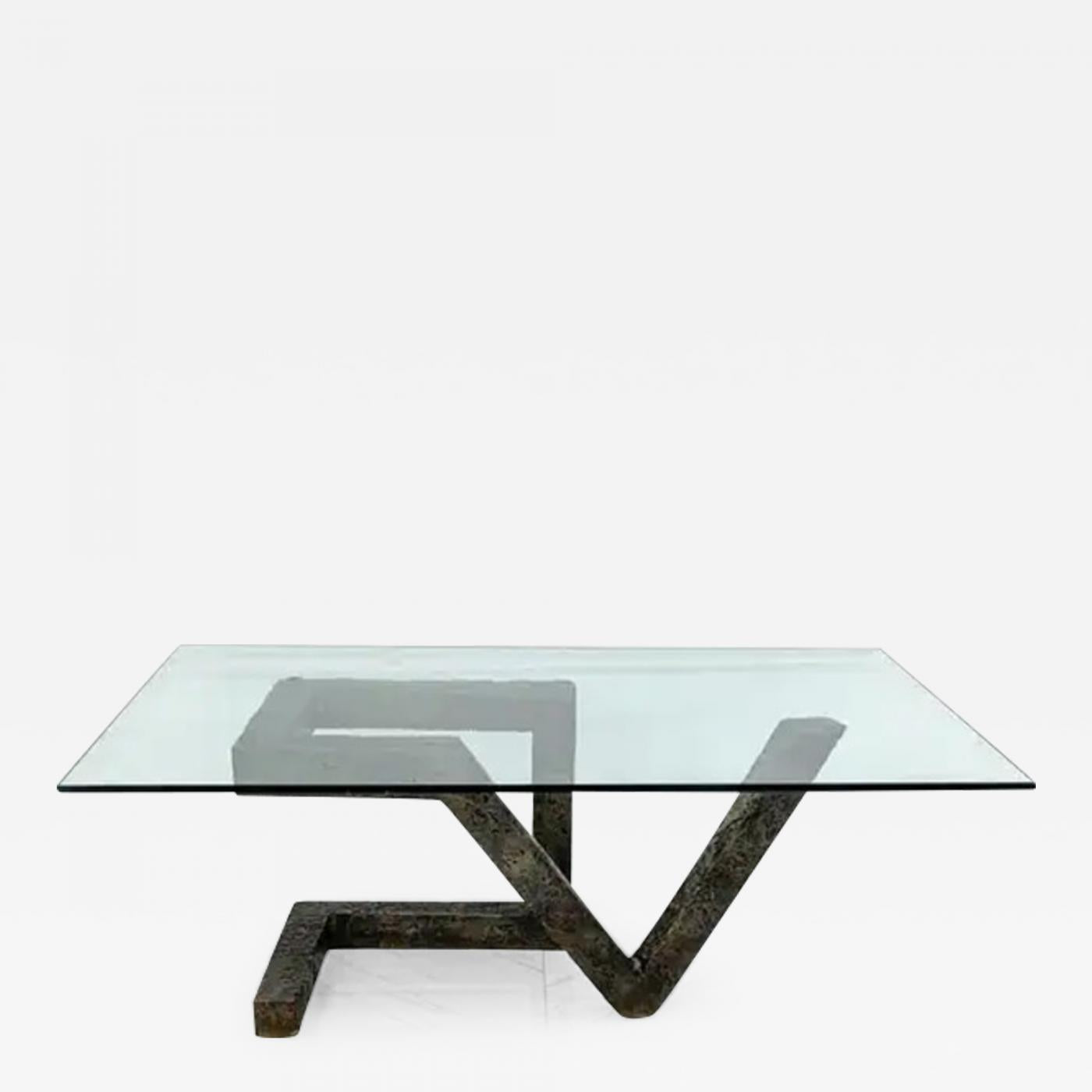 Brutalist Cast Metal Geometric Dining Table in the Manner of Paul Evans