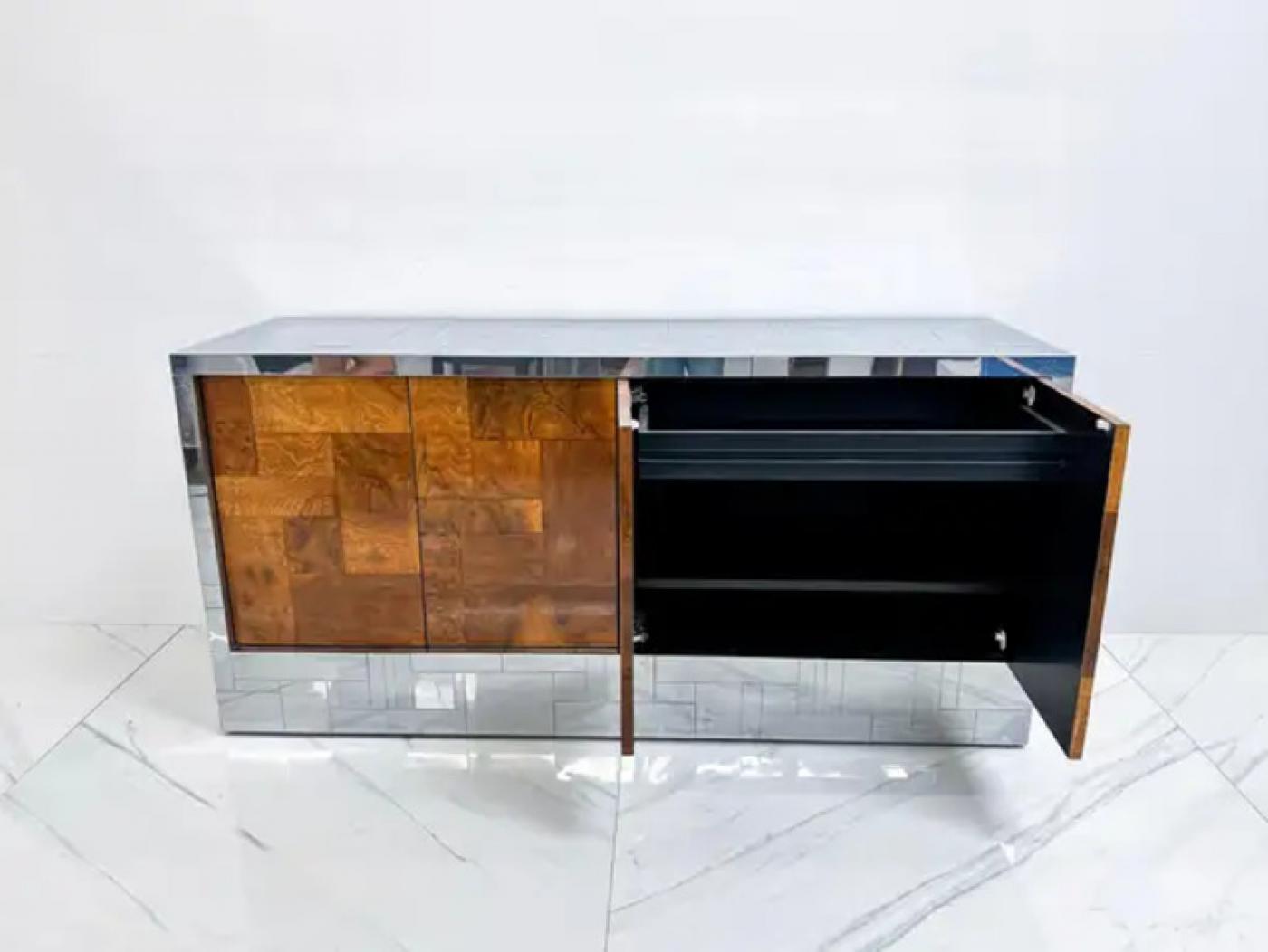 Paul Evans Burl and Chrome Cityscape Credenza, Directional, Signed, 1970s
