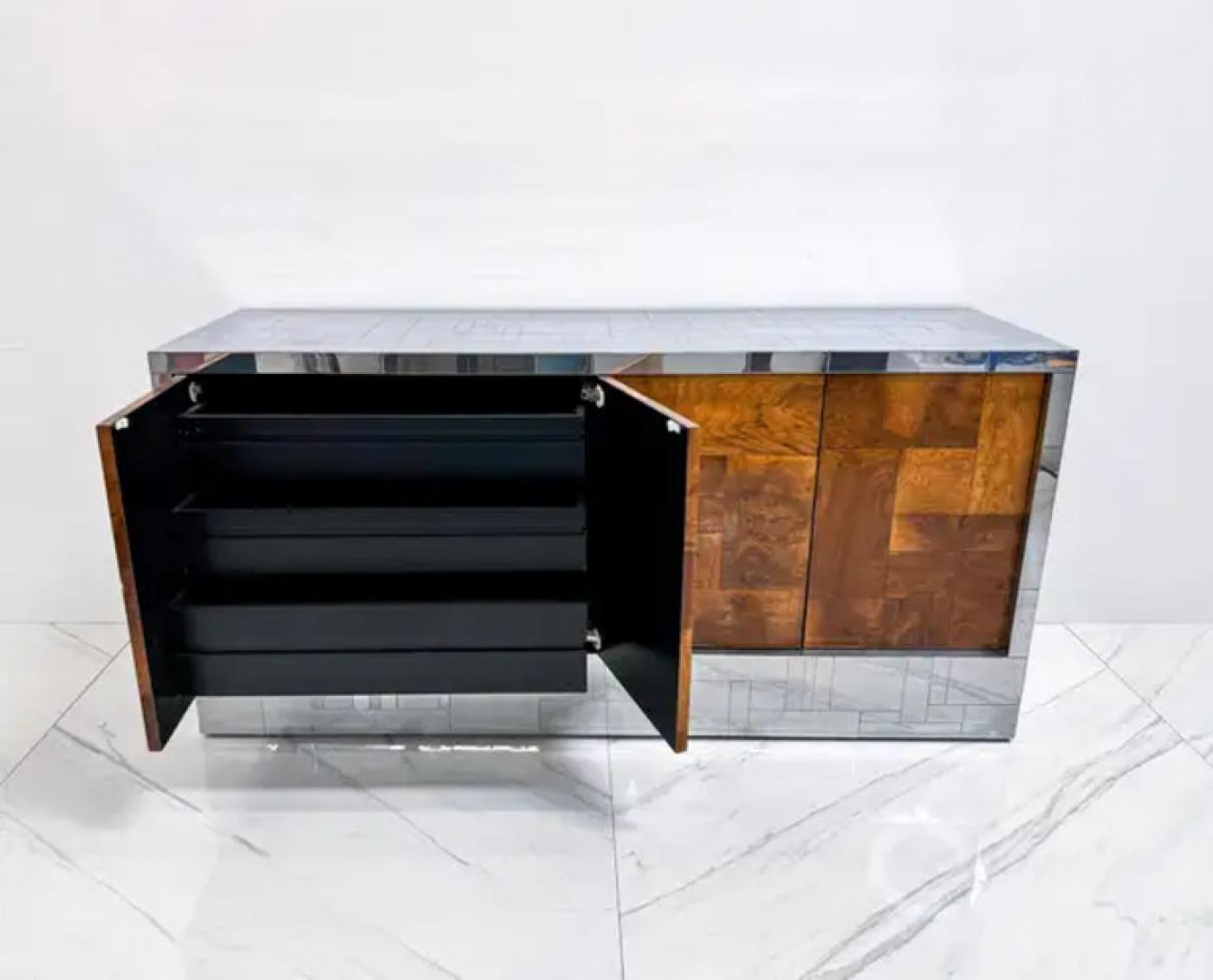 Paul Evans Burl and Chrome Cityscape Credenza, Directional, Signed, 1970s