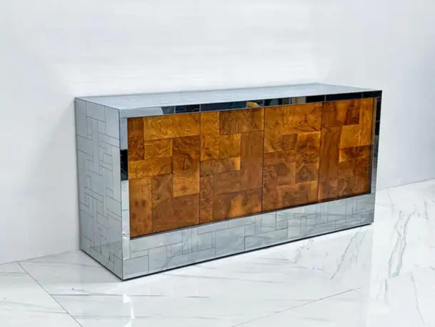 Paul Evans Burl and Chrome Cityscape Credenza, Directional, Signed, 1970s