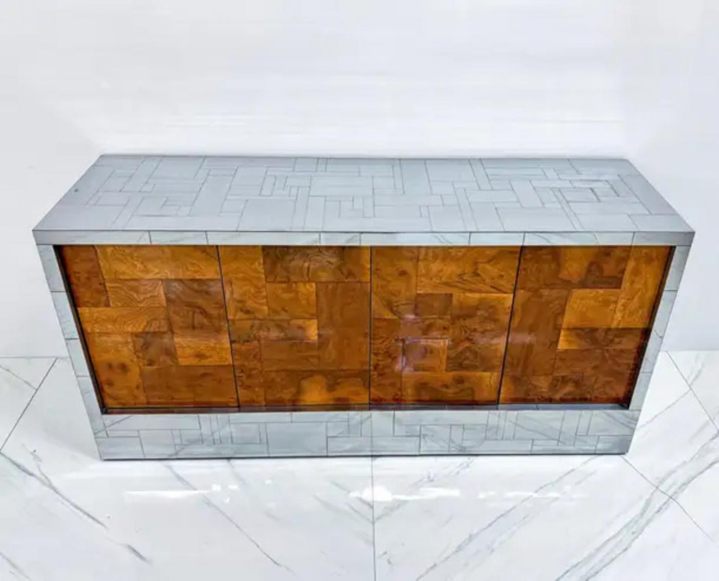 Paul Evans Burl and Chrome Cityscape Credenza, Directional, Signed, 1970s