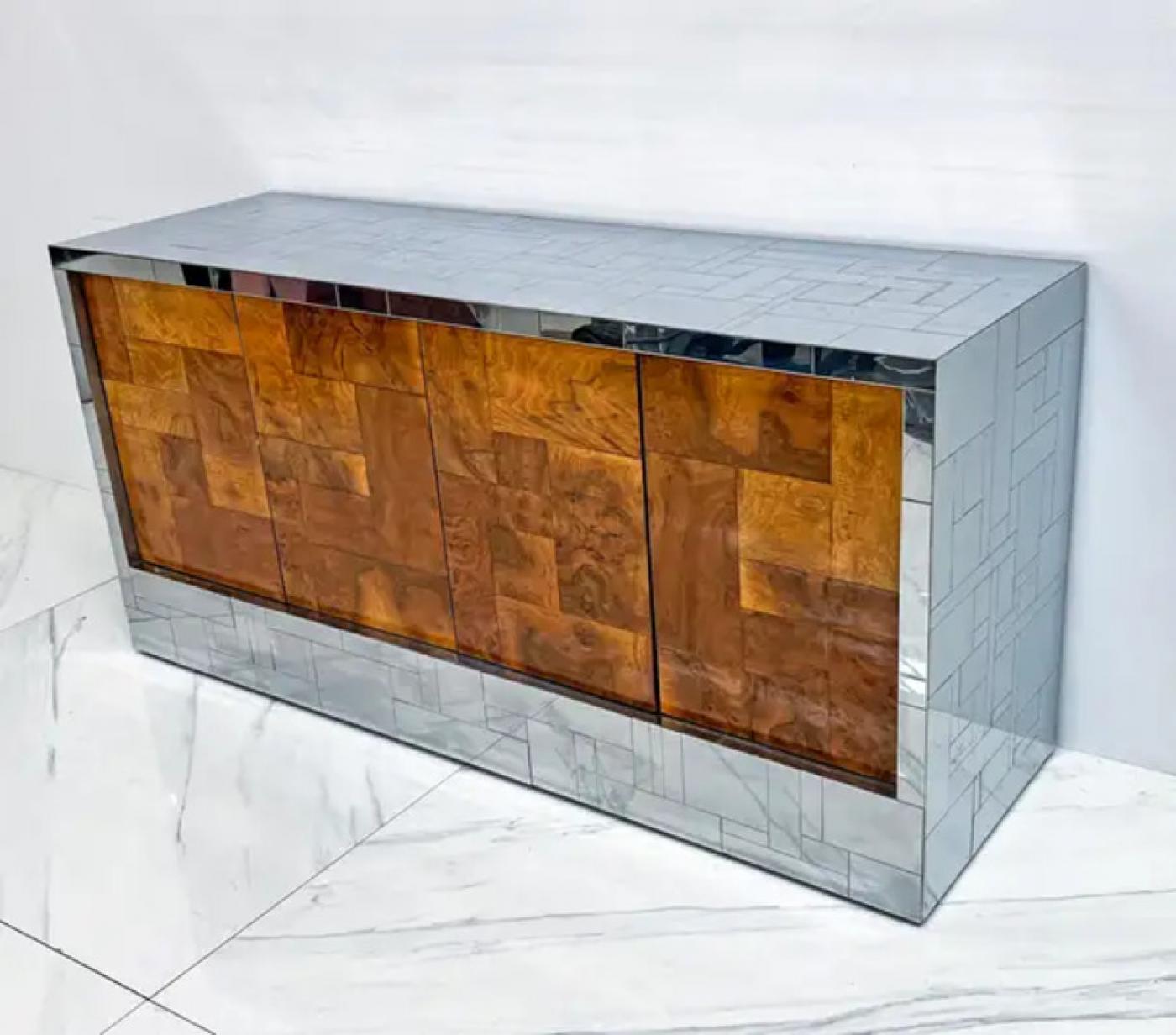 Paul Evans Burl and Chrome Cityscape Credenza, Directional, Signed, 1970s