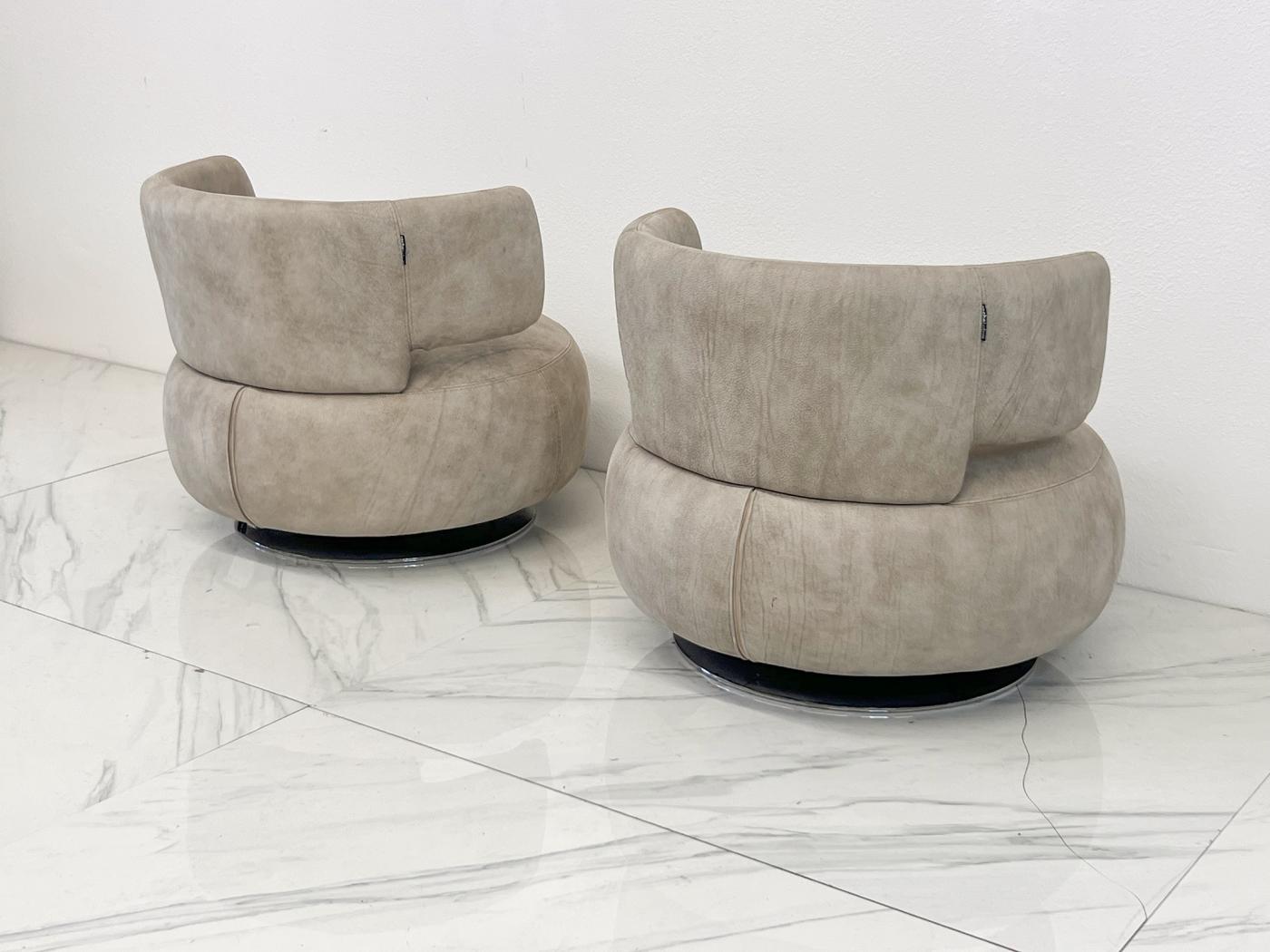 Roche Bobois Leather Curl Swivel Lounge Chairs, A Pair