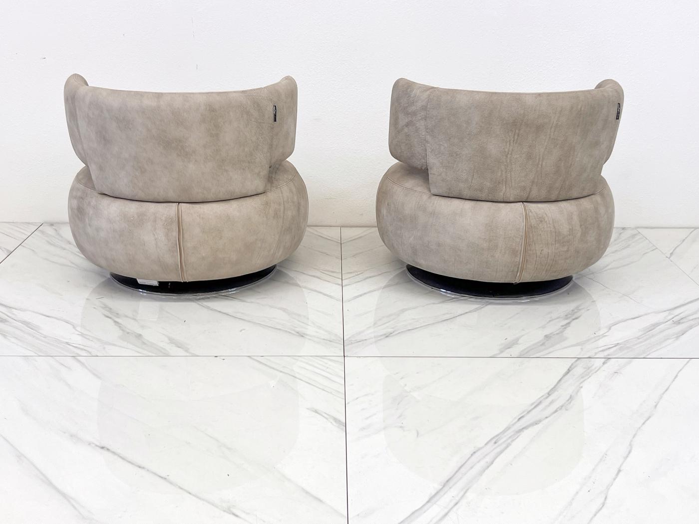 Roche Bobois Leather Curl Swivel Lounge Chairs, A Pair