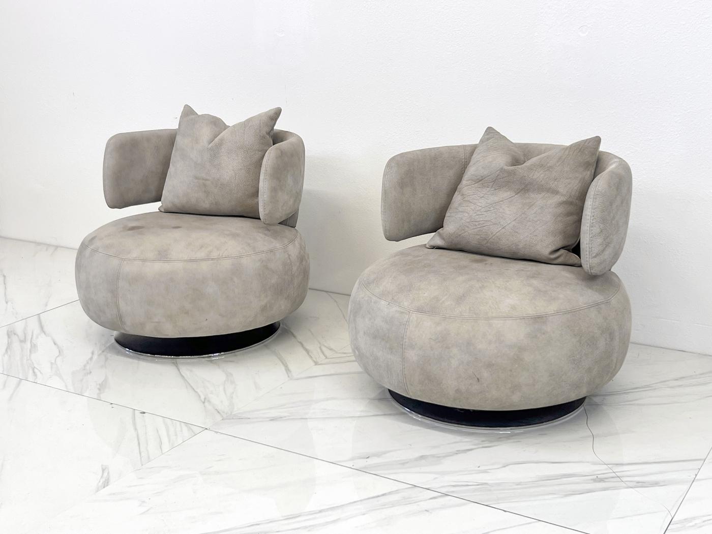 Roche Bobois Leather Curl Swivel Lounge Chairs, A Pair