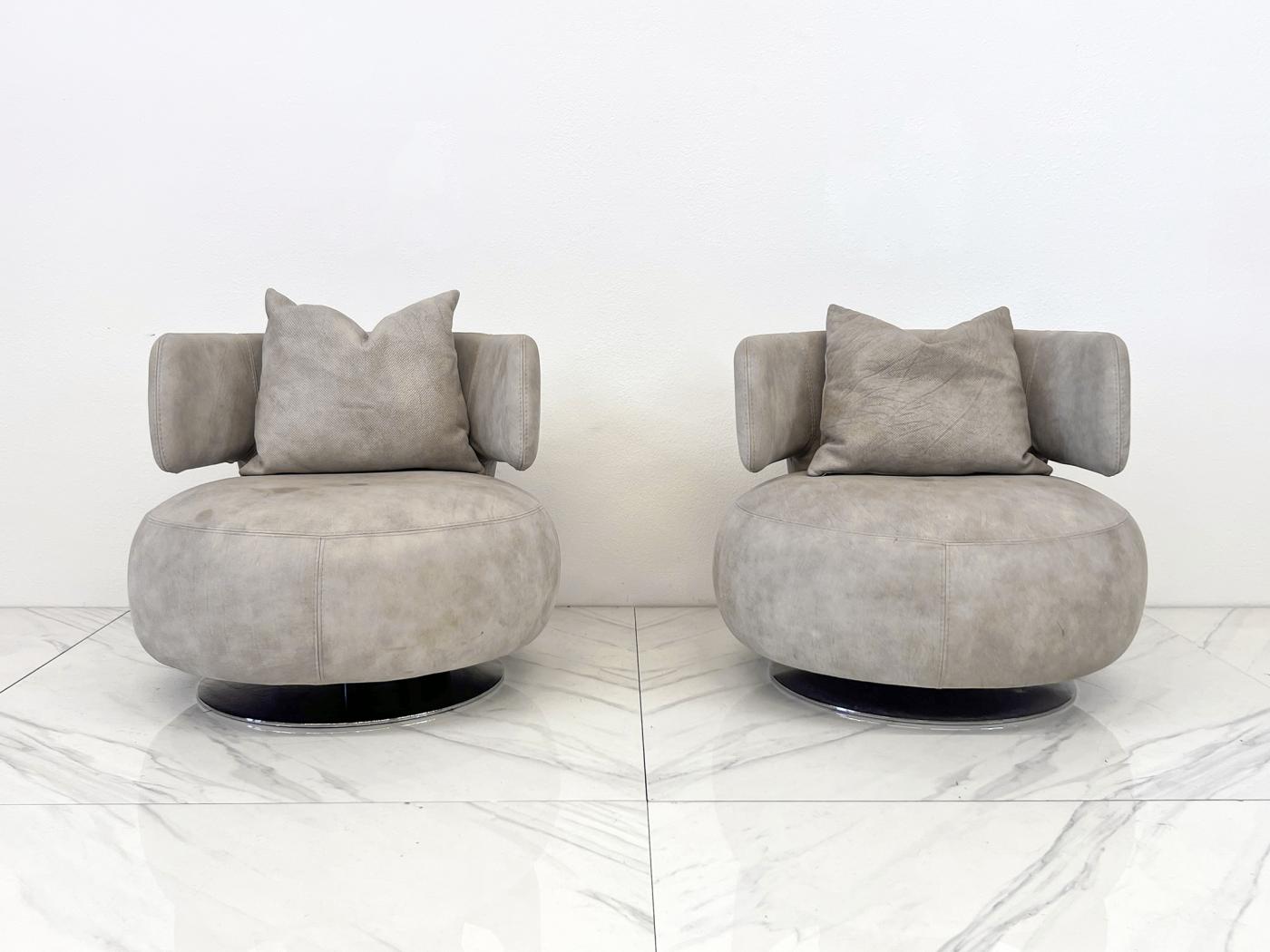 Roche Bobois Leather Curl Swivel Lounge Chairs, A Pair
