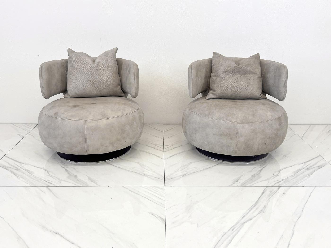 Roche Bobois Leather Curl Swivel Lounge Chairs, A Pair