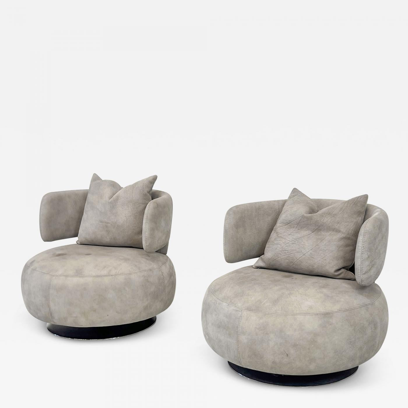 Roche Bobois Leather Curl Swivel Lounge Chairs, A Pair