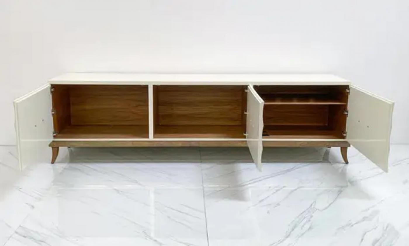 Monumental Ivory Lacquered and Aged Brass Credenza Style of Tommi Parzinger