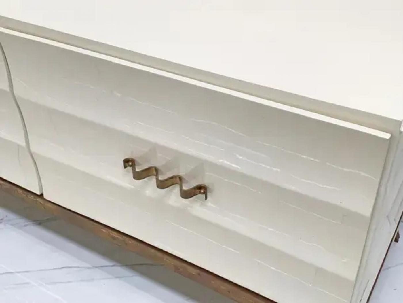 Monumental Ivory Lacquered and Aged Brass Credenza Style of Tommi Parzinger