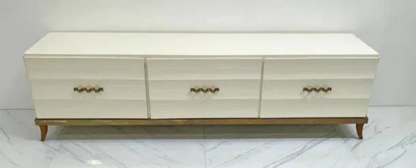 Monumental Ivory Lacquered and Aged Brass Credenza Style of Tommi Parzinger
